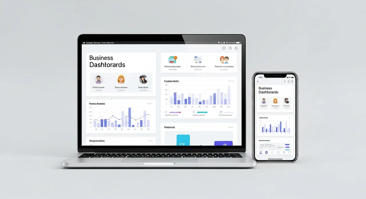 Mission1000 digital business hub dashboard showing analytics, community, and course management features on laptop and mobile devices